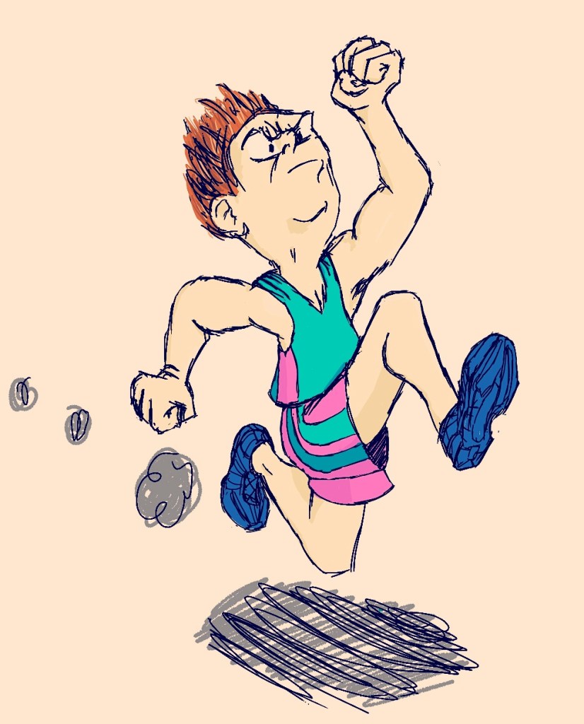 A person comically running in day glo gear