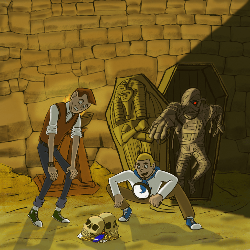 two animated style boy adventurers are examining a pile of skulls and treasure while an old movie style mummy is reaching out at them from a shadowy sarcophagus