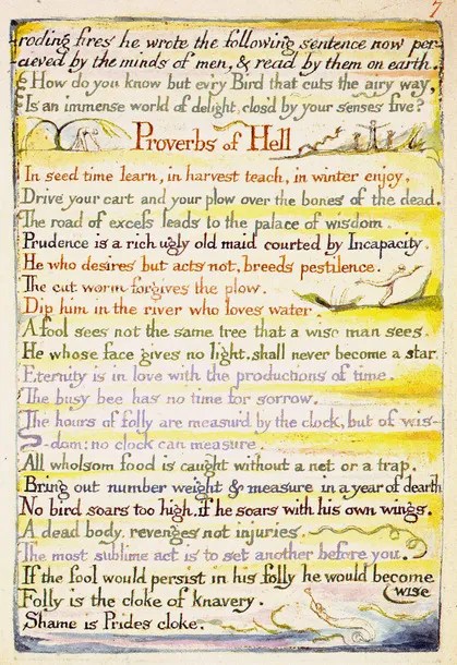 A page from William Blake's "The Marriage of Heaven and Hell" starting the section Proverbs of Hell