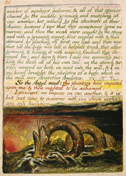 The 20th page of William Blake's "The Marriage of Heaven and Hell" an illustration portrays an enormous sea serpent coiling through a black, stormy sea under a blood red sky
