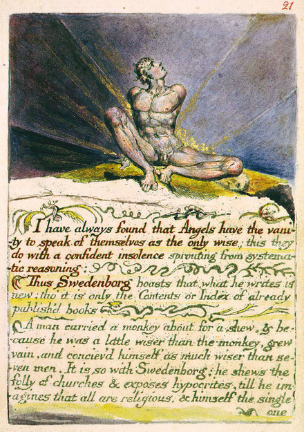 The 21st page of William Blake's "The Marriage of Heaven and Hell" an illustration portrays a heavenly nude figure reclining in a dark place but looking at a glowing light
