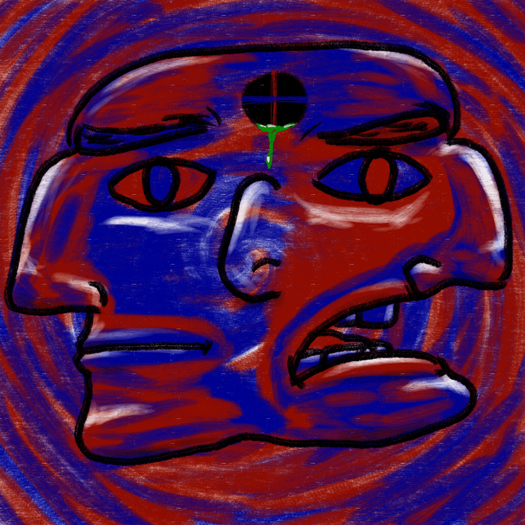 A digital painting depicting two faces as one body that is staring at the viewer, the picture is mostly red and blue with an unidentified green substance coming out of a hole above the eyes