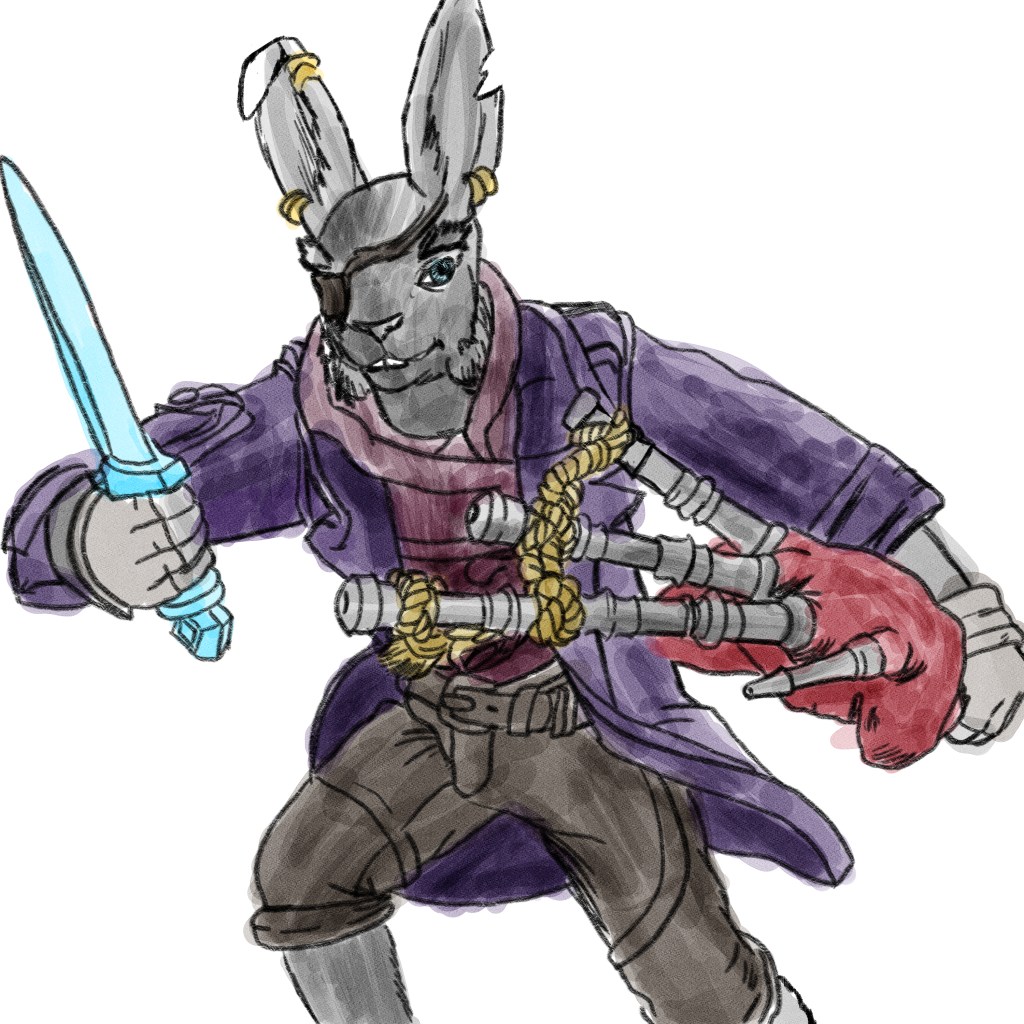 A humanoid rabbit with an eyepatch and a purple coat holding a set of bagpipes and a glowing short sword