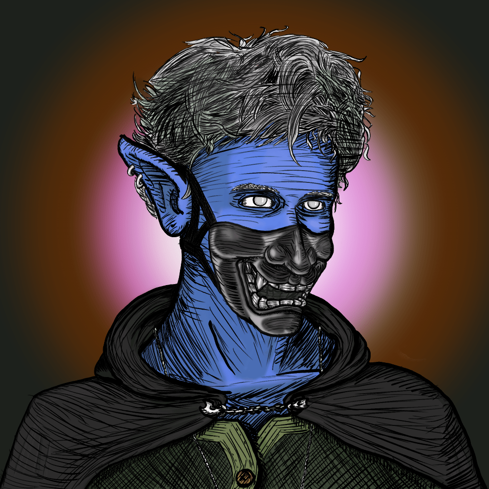 A close portrait of a blue skinned and silver haired elf wearing a grinning mask with fangs that covers the lower half of their face
